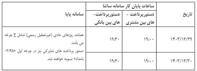 ساعات کاری سامانه‌های ساتنا و پایا اسفند 1403