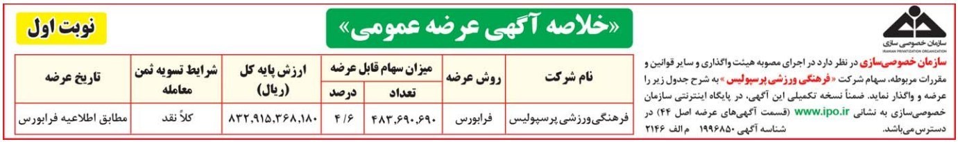  عرضه و واگذاری سهام شرکت فرهنگی ورزشی پرسپولیس 