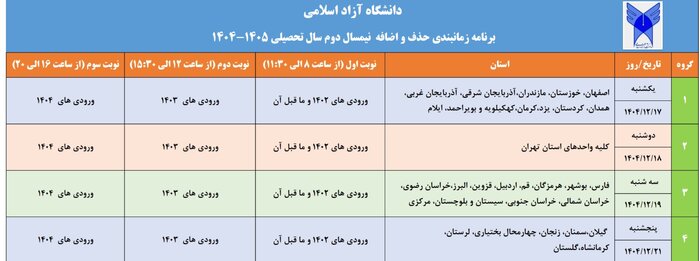 اعلام برنامه زمان‌بندی حذف و اضافه نیمسال دوم سال دانشگاه آزاد 