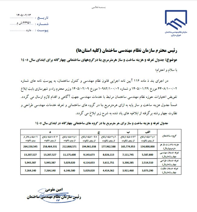  نرخ جدید تعرفه های نظام مهندسی ساختمان سال ۱۴۰۵