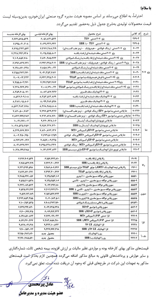 قیمت جدید محصولات مهر 1404