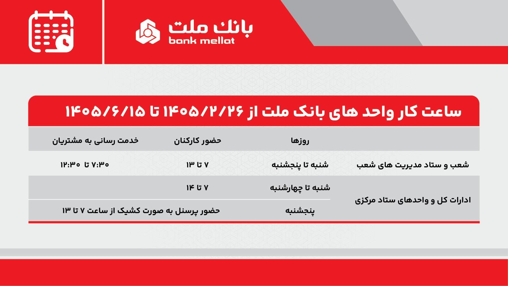 تغییر ساعت کار واحدهای بانک ملت از ۲۶ اردیبهشت