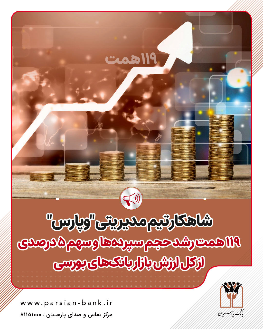 شاهکار تیم مدیریتی « وپارس»؛ 119همت رشد حجم سپرده‌ها و سهم 5 درصدی ‌ازکل ارزش بازار بانک‌های بورسی

