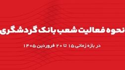 اعلام ساعت کاری شعب بانک گردشگری در بازه زمانی 15 تا 20 فروردین 1405
