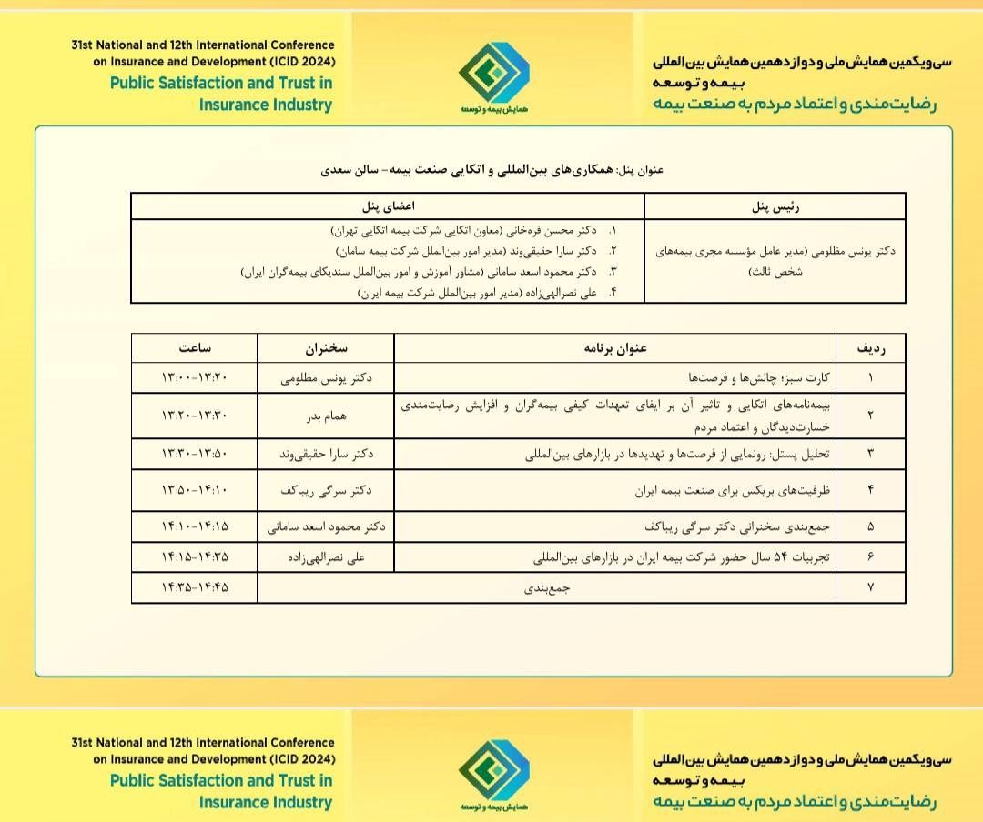 عناوین مقالات پنل‌ تخصصی «همکاری‌های بین‌المللی و اتکایی صنعت بیمه» در همایش بیمه و توسعه 1403
